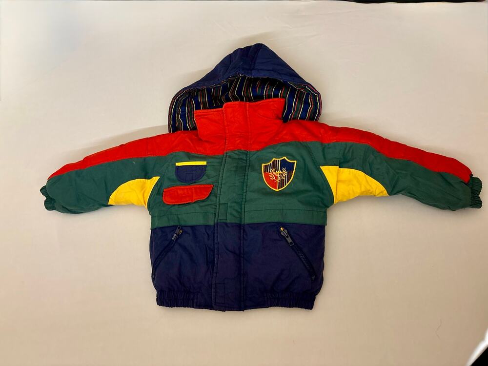 Vintage TidyKins Colorblock Puffer Jacket Hooded Crest Patch 3T Preppy